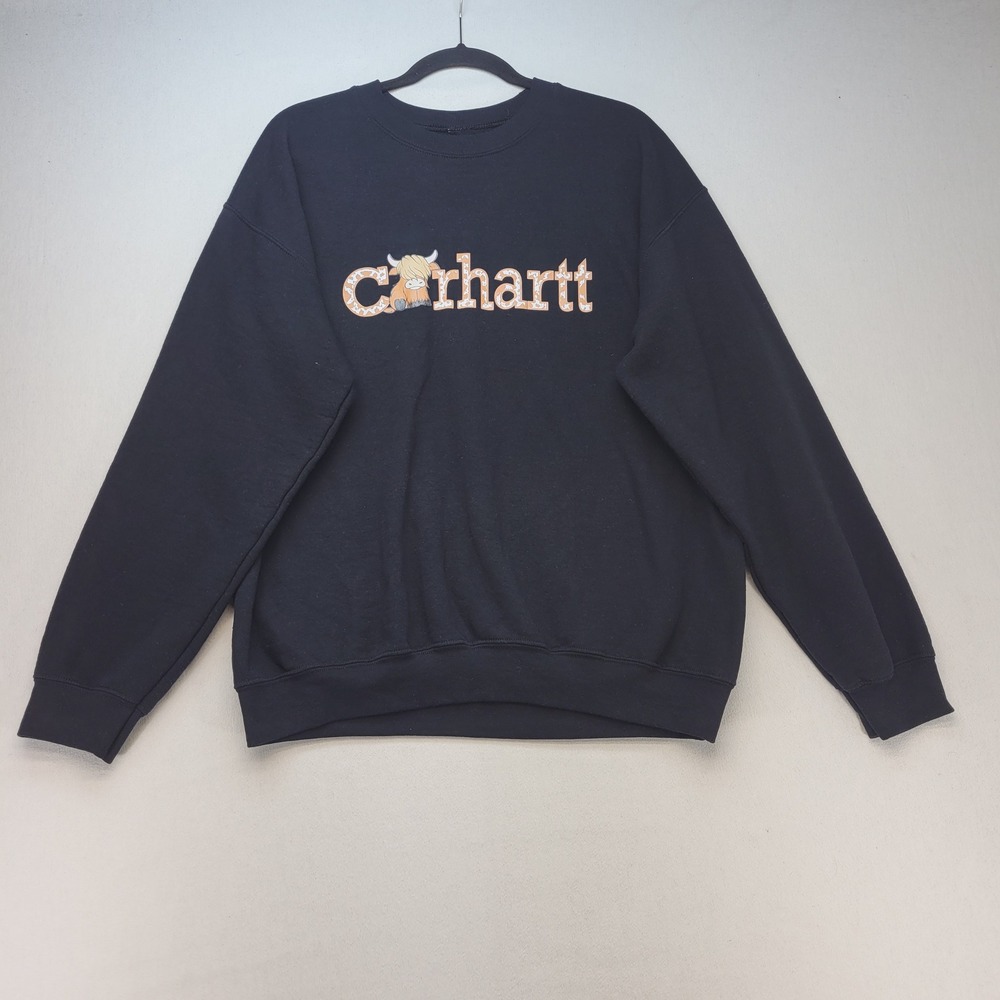 Carhartt Sweatshirt Womens Large Black Highland Cow‎ Graphic Pullover Fleece